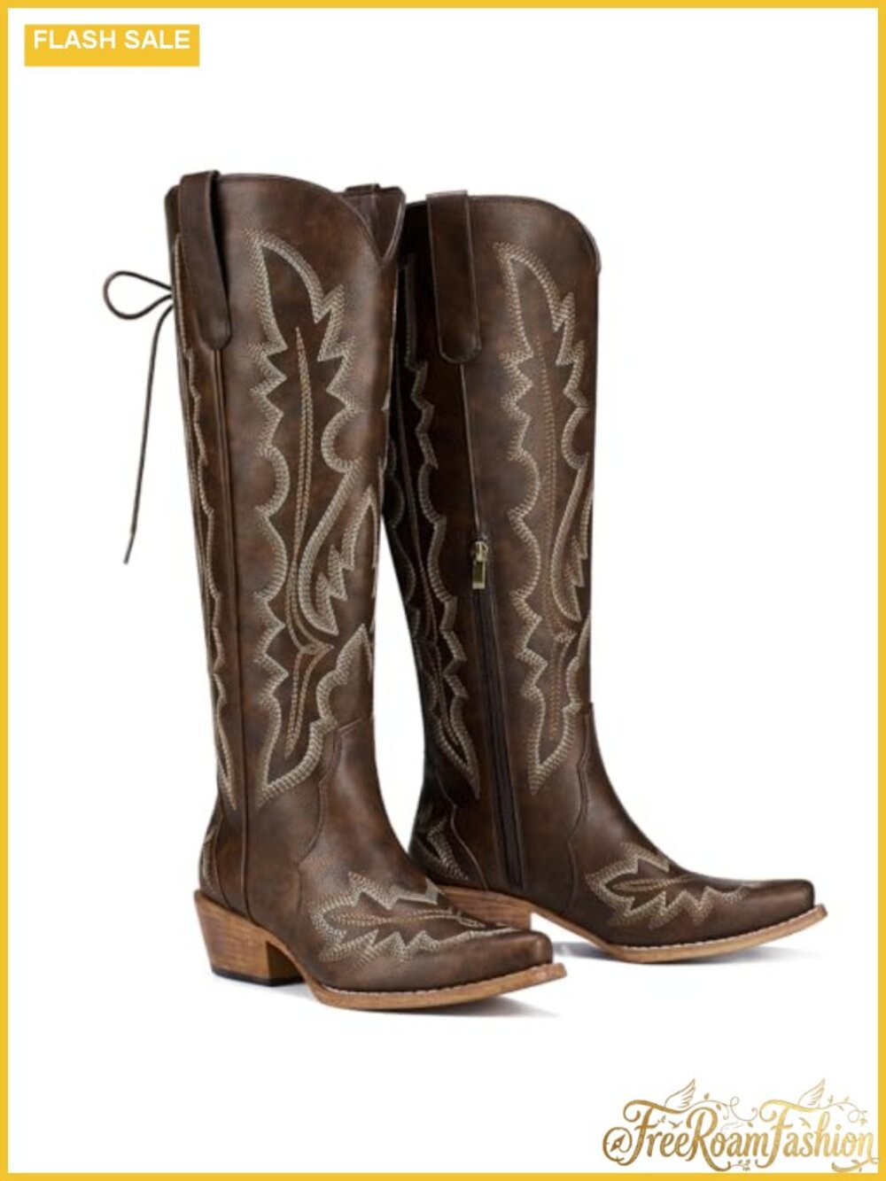 Wide Calf Cowboy Boots Knee High Lace Up Snip Toe Cuban Heel Women